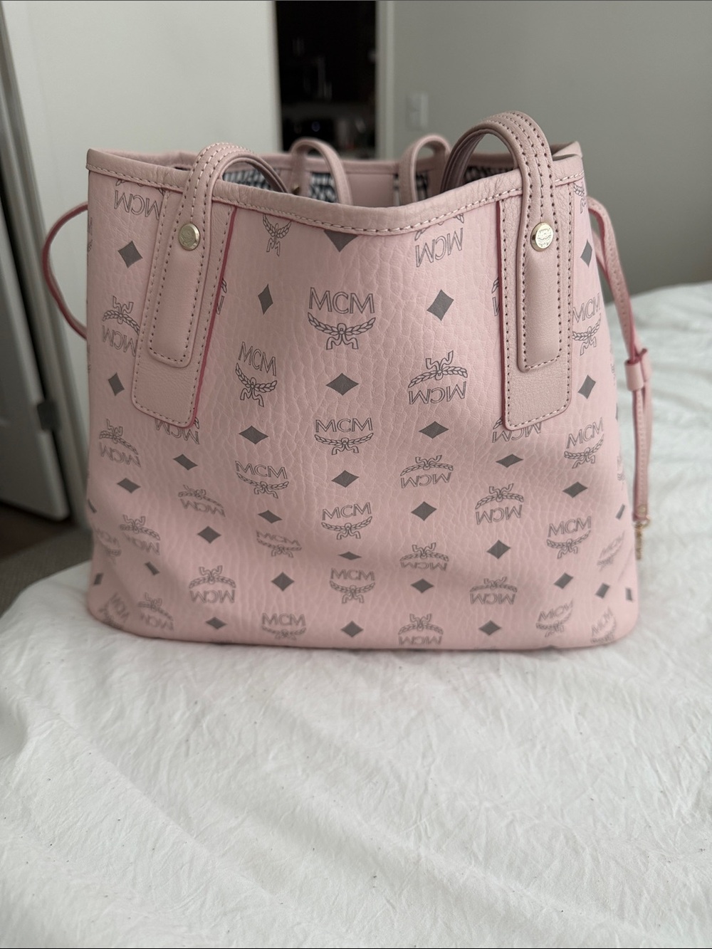 MCM Pink Visetos Tote with Gingham Lining - Picture 3 of 5